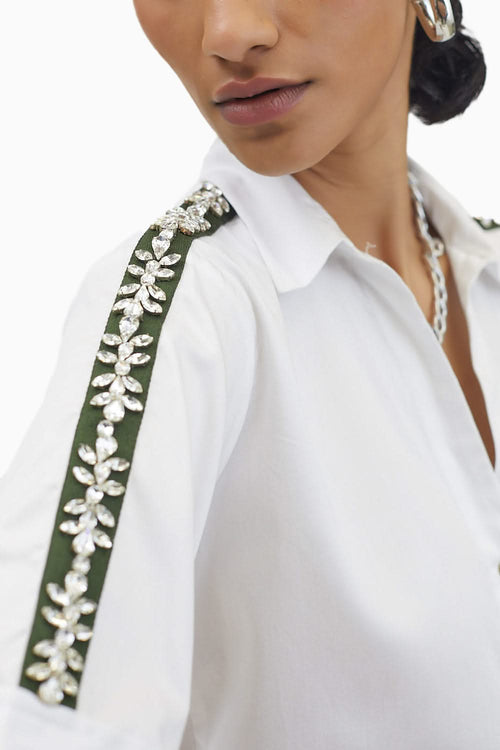 White Flower Swarovski Ribbon Shirt