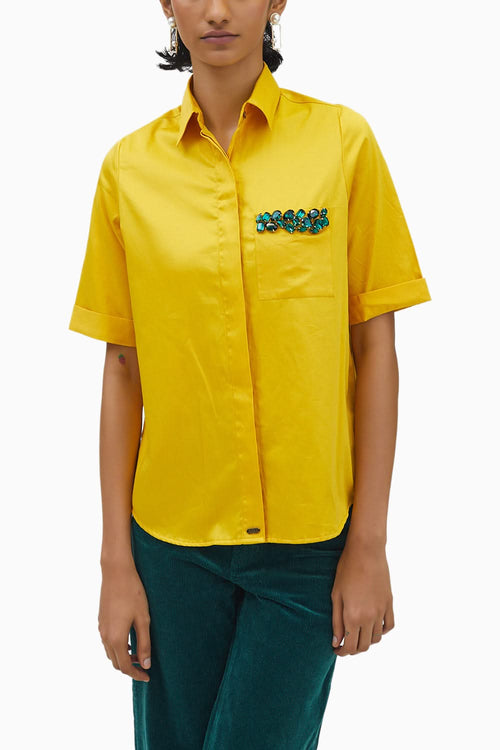 Canary Yellow Emerald Pocket Swarovski Shirt