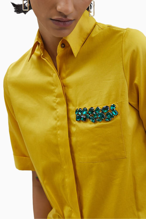 Canary Yellow Emerald Pocket Swarovski Shirt