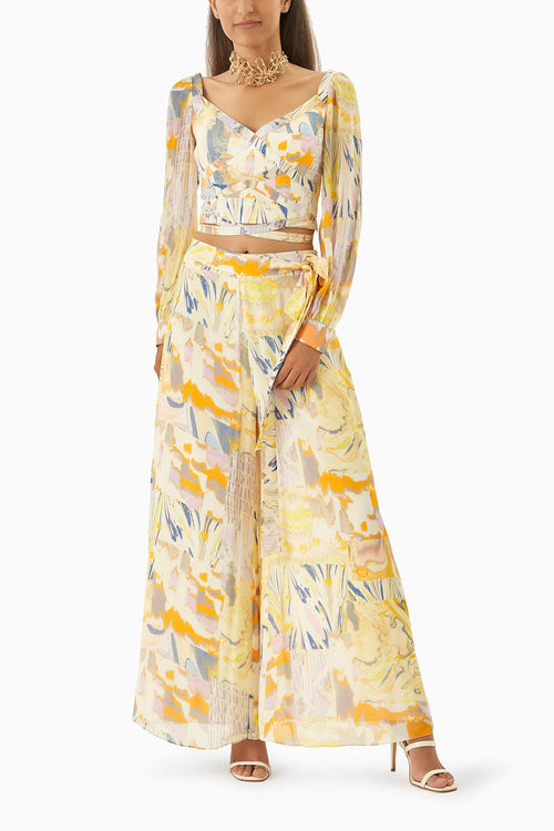 Multi Yellow Chiffon & Satin Top And Pants