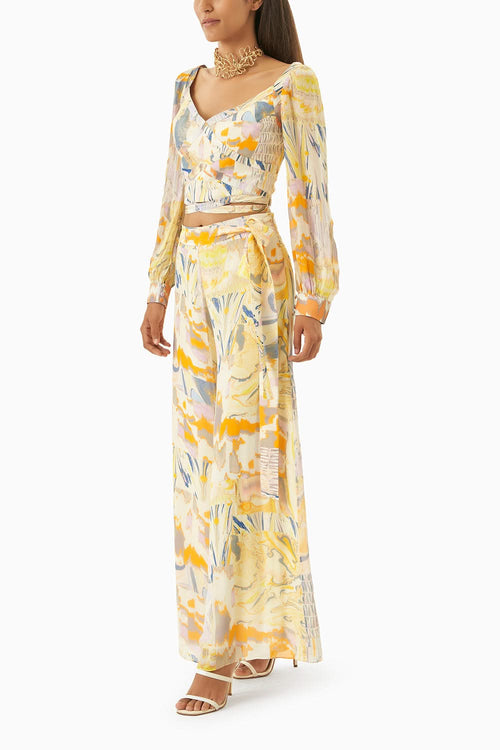 Multi Yellow Chiffon & Satin Top And Pants