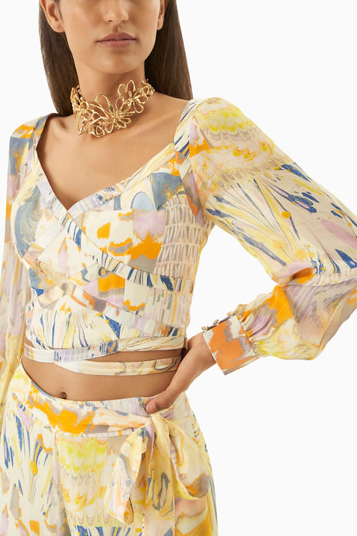 Multi Yellow Chiffon & Satin Top And Pants
