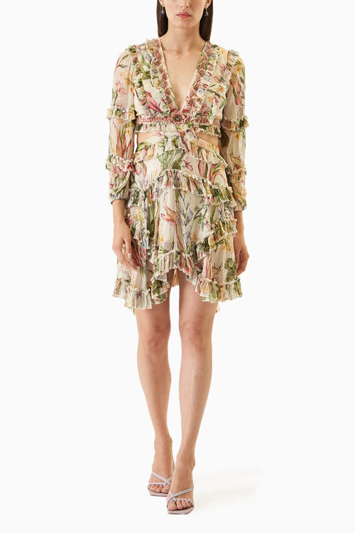 Cream Printed Embellished Short Dress