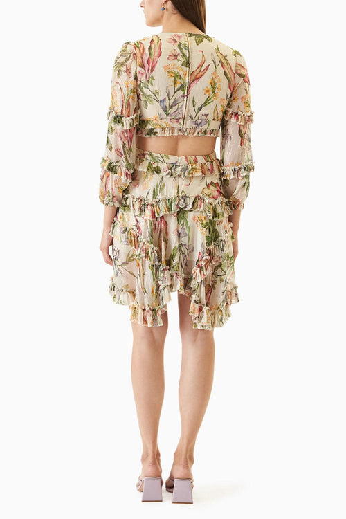 Cream Printed Embellished Short Dress