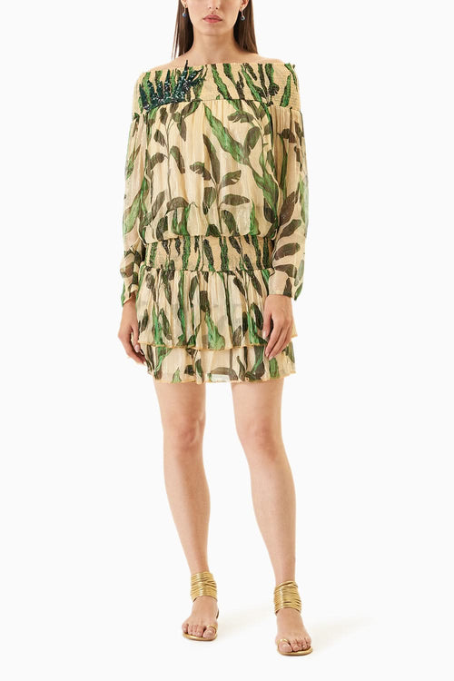 Cream Printed Patch work Short Dress