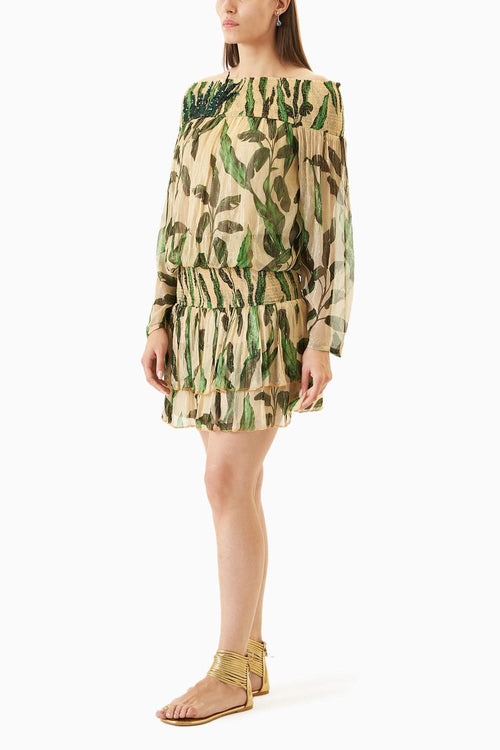 Cream Printed Patch work Short Dress