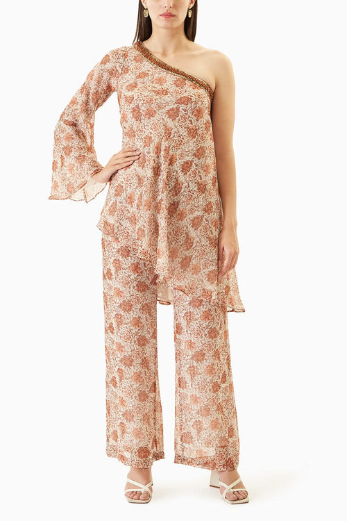 Cream Printed One Shoulder Dress