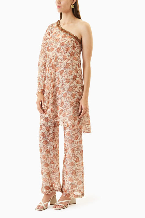 Cream Printed One Shoulder Dress