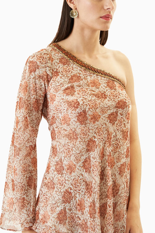 Cream Printed One Shoulder Dress