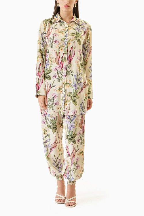 White Printed Long Shirt Set