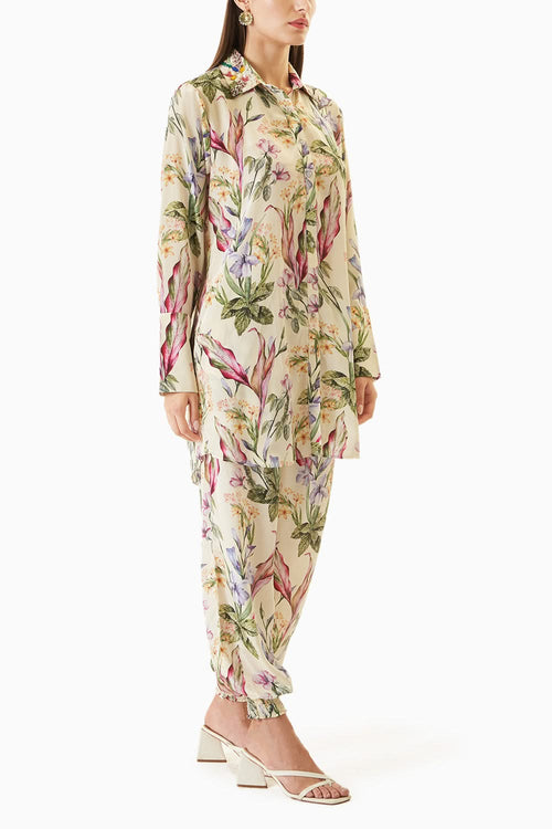 White Printed Long Shirt Set