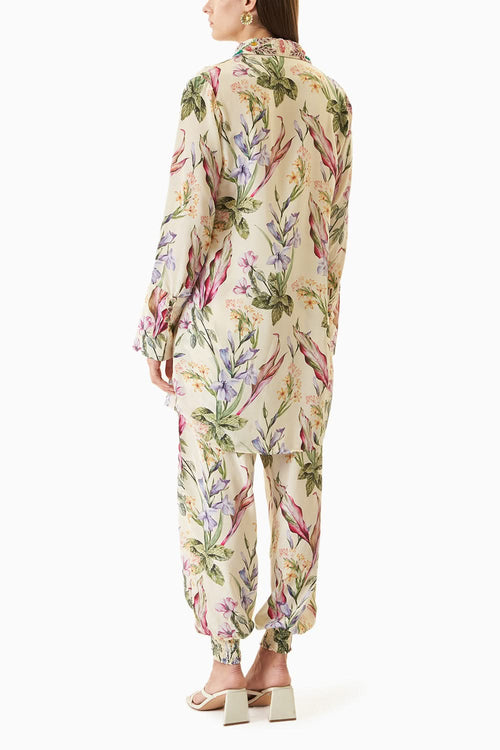 White Printed Long Shirt Set