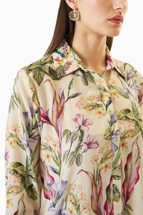 White Printed Long Shirt Set