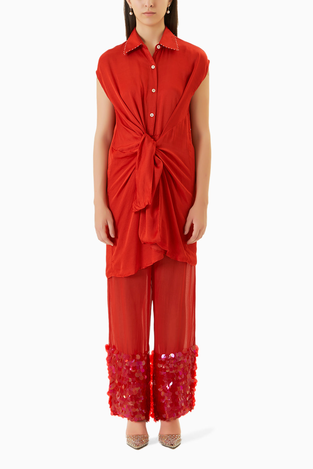Aspen Red Organza Embroidered Trousers