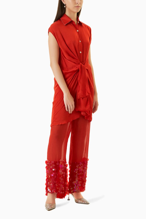 Aspen Red Organza Embroidered Trousers
