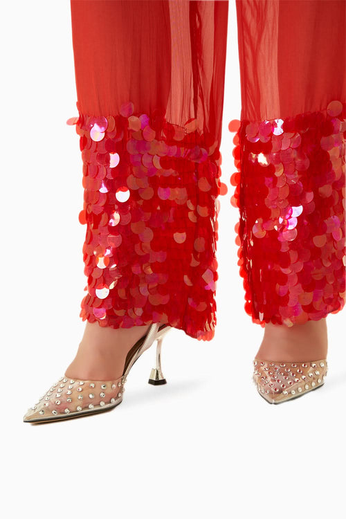 Aspen Red Organza Embroidered Trousers