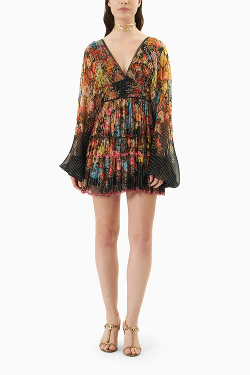 Black Printed Balloon Sleeve Short Dress