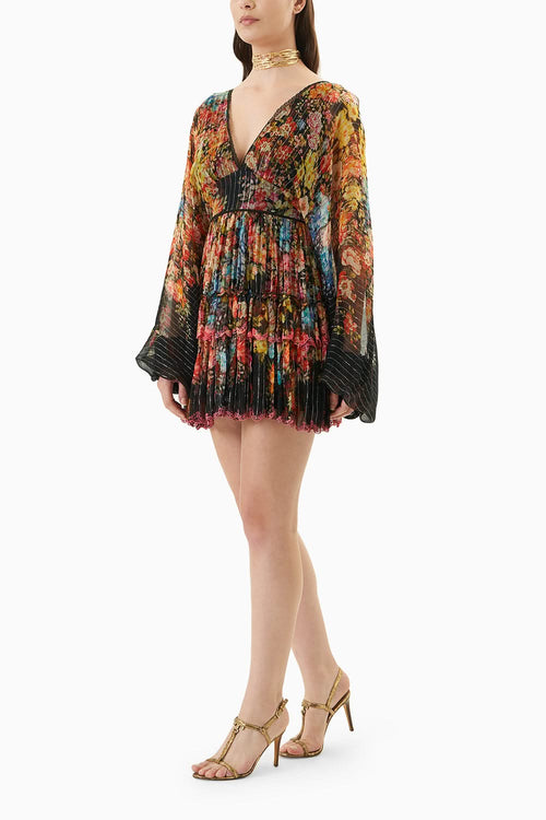 Black Printed Balloon Sleeve Short Dress