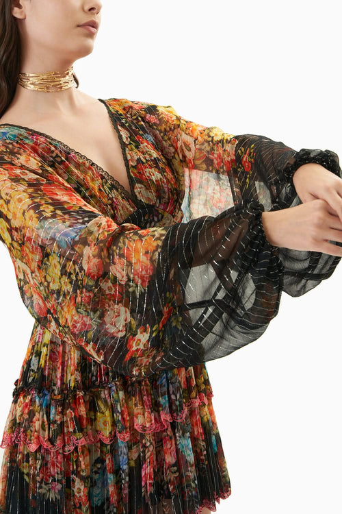 Black Printed Balloon Sleeve Short Dress