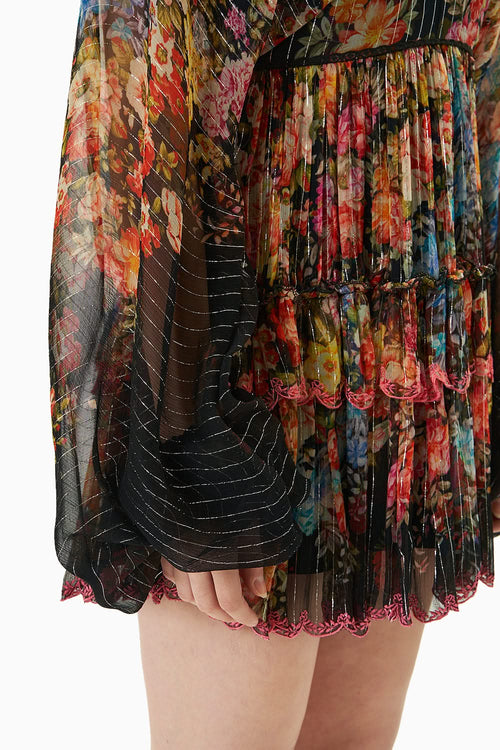 Black Printed Balloon Sleeve Short Dress