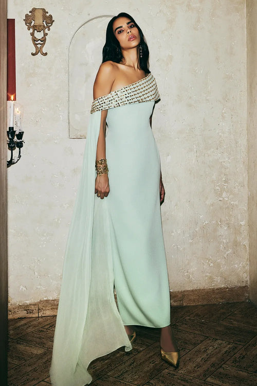Teal Green Crystal Work Off Shoulder Dress