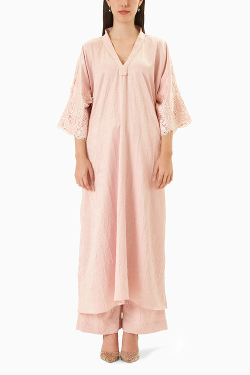 Baby Pink Crushed Satin Kaftan Kurta Set