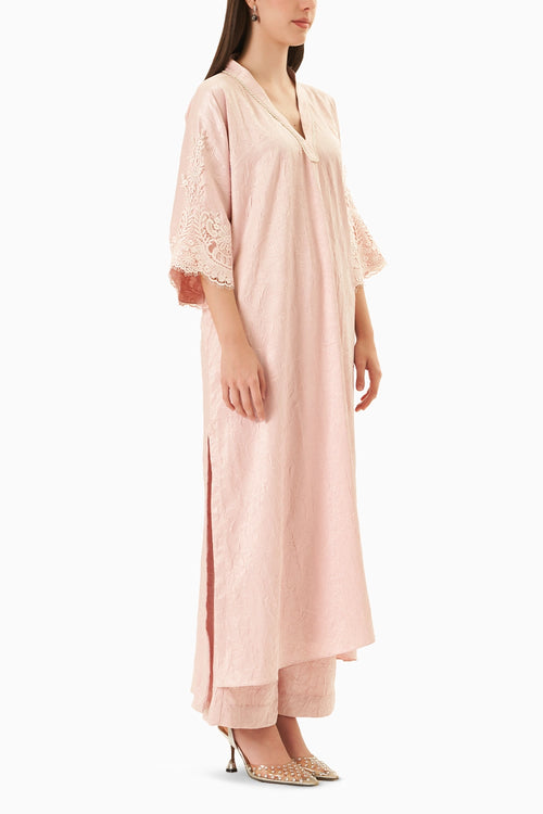 Baby Pink Crushed Satin Kaftan Kurta Set