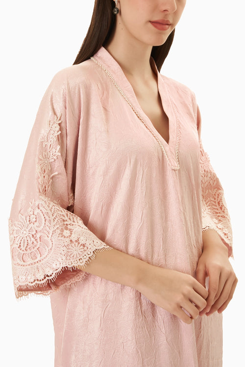 Baby Pink Crushed Satin Kaftan Kurta Set