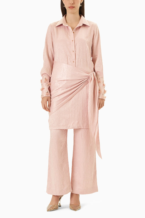 Baby Pink Tie-up Dress With Pants