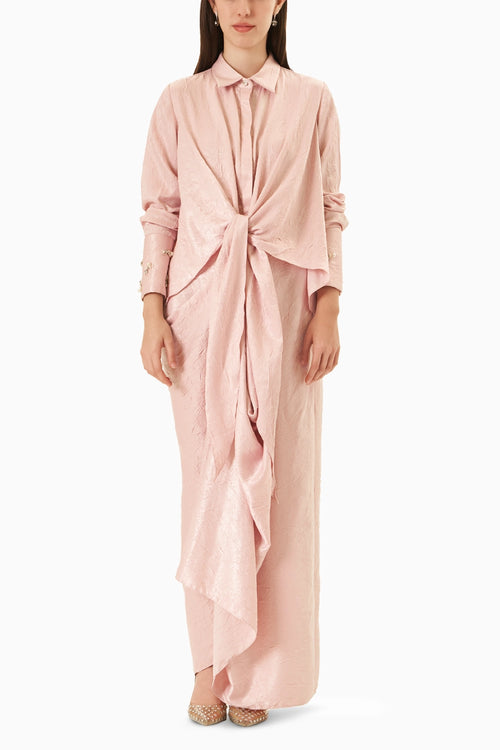 Baby Pink Tie-up Shirt With Drape Skirt