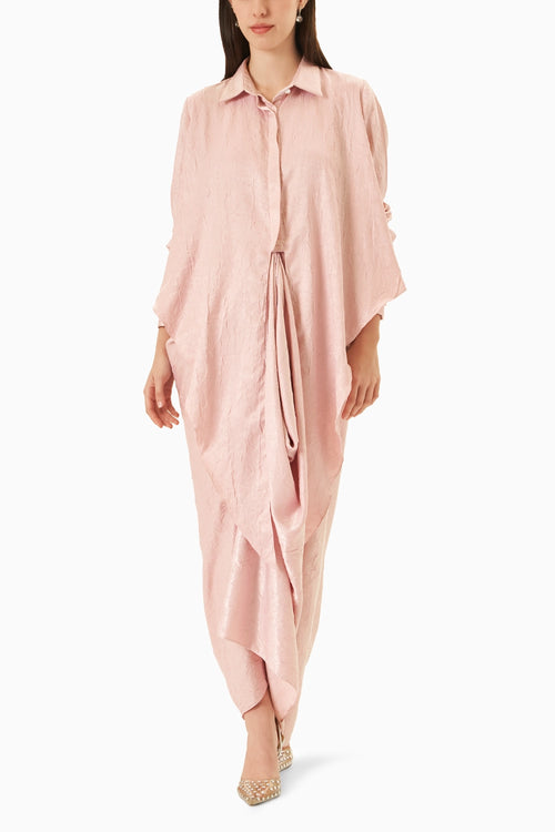 Baby Pink Tie-up Shirt With Drape Skirt