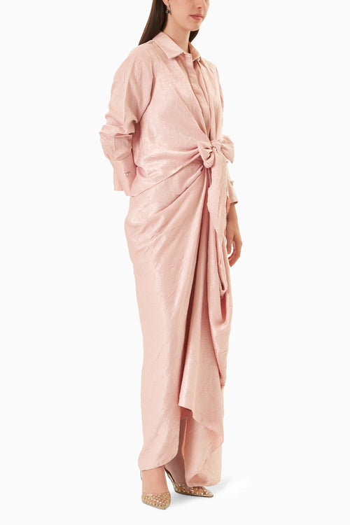 Baby Pink Tie-up Shirt With Drape Skirt