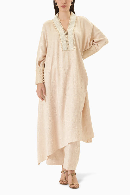 Off-White Crushed Satin Kaftan Kurta Set