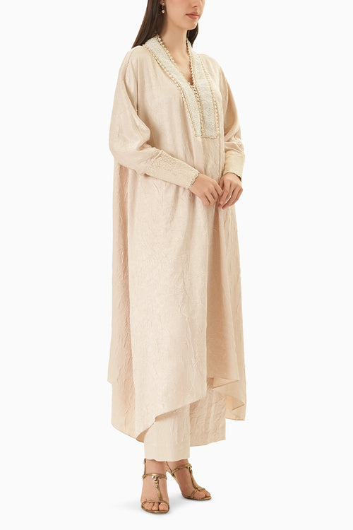 Off-White Crushed Satin Kaftan Kurta Set