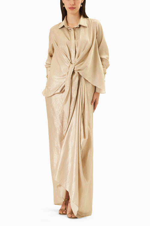 Gold Shimmer Sandwash Tie-up Shirt With Draped Skirt