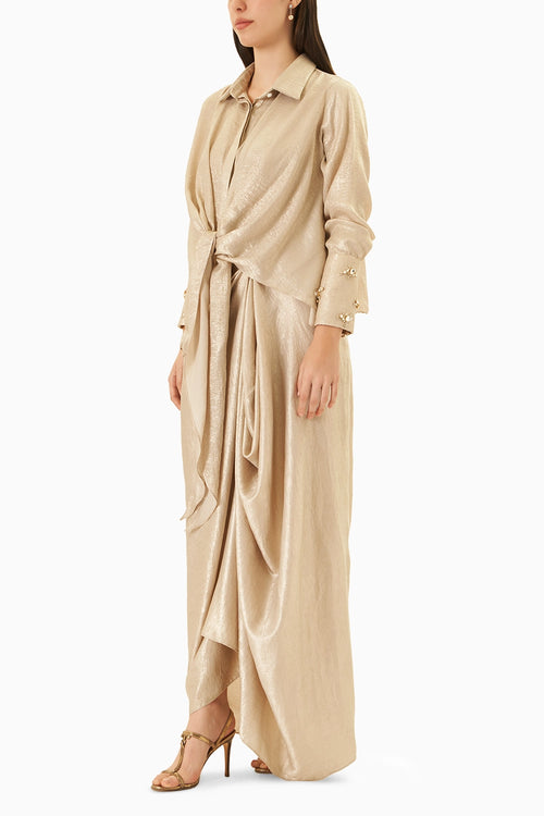 Gold Shimmer Sandwash Tie-up Shirt With Draped Skirt