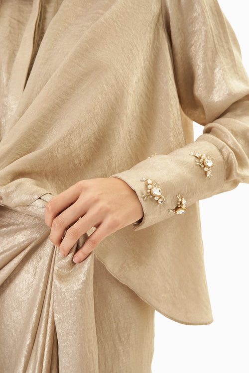 Gold Shimmer Sandwash Tie-up Shirt With Draped Skirt