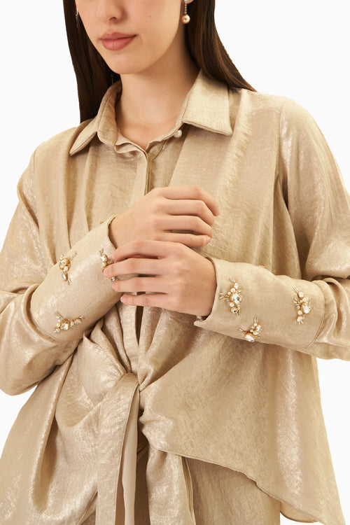 Gold Shimmer Sandwash Tie-up Shirt With Draped Skirt