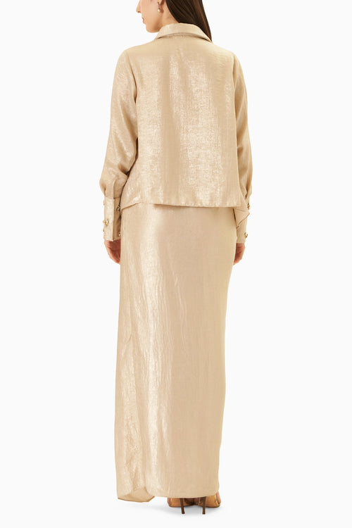 Gold Shimmer Sandwash Tie-up Shirt With Draped Skirt