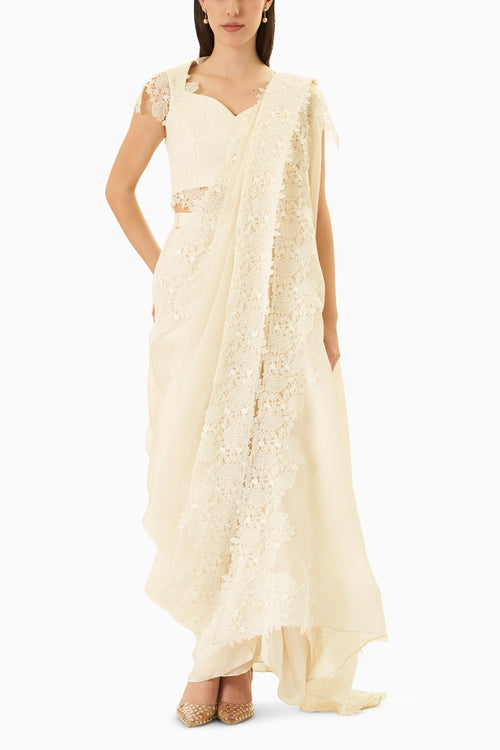 Cream Jacket Style Drape Sari