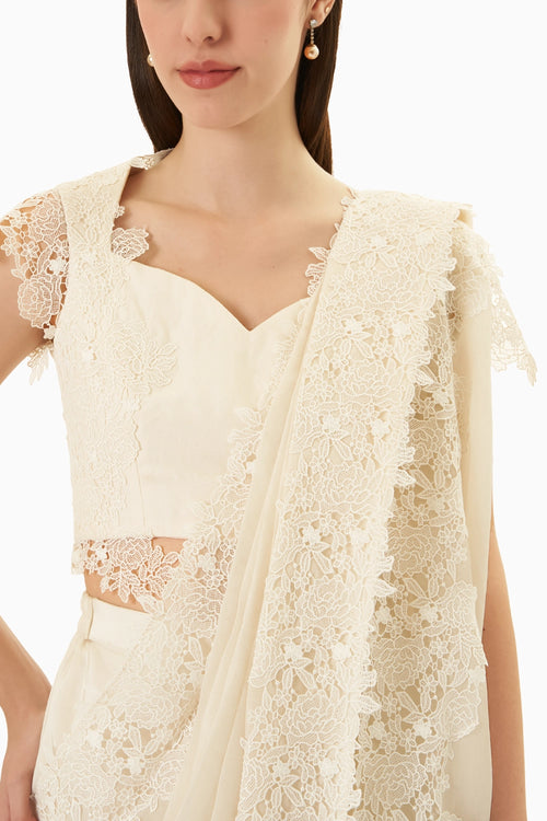 Cream Jacket Style Drape Sari