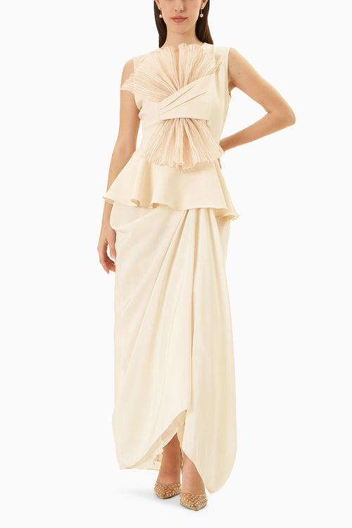 Rim Cream Peplum Top With Draped Skirt