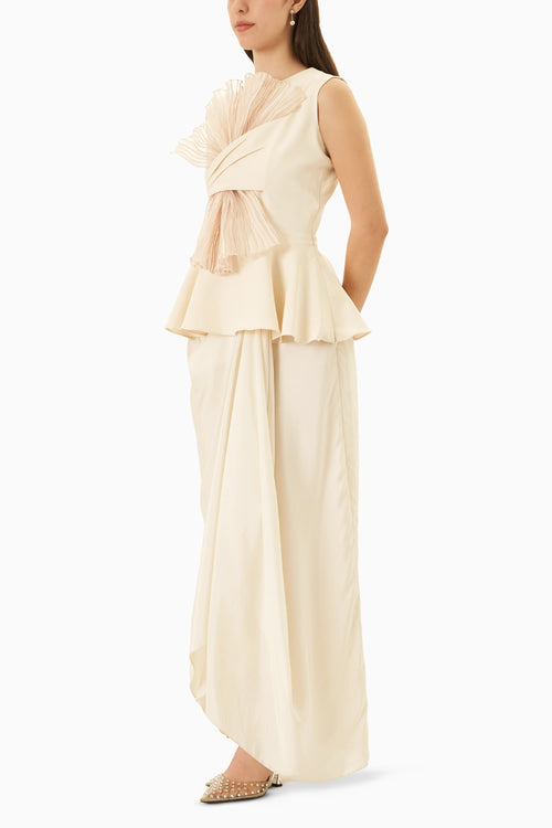 Rim Cream Peplum Top With Draped Skirt