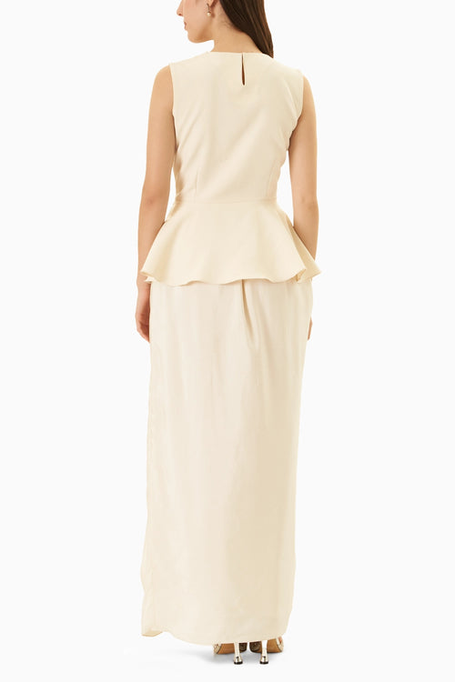 Rim Cream Peplum Top With Draped Skirt