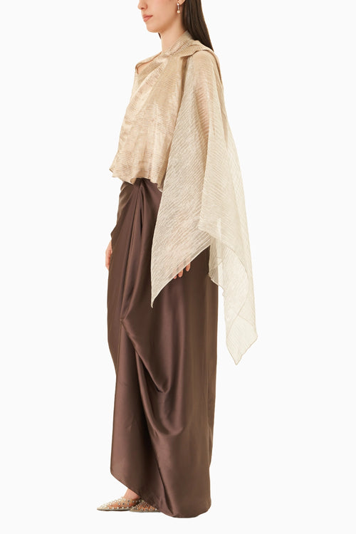 Cream Shawl Top With Mouse Drape Skirt