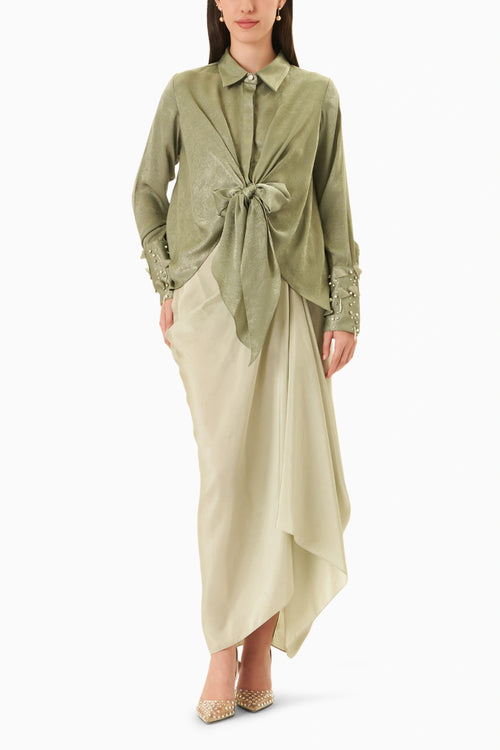 Green Tie-Up Shirt With Drape Skirt