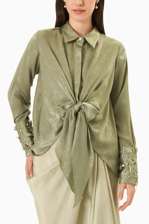 Green Embellished Tie-up Shirt