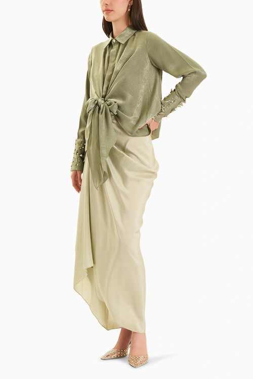 Green Tie-Up Shirt With Drape Skirt