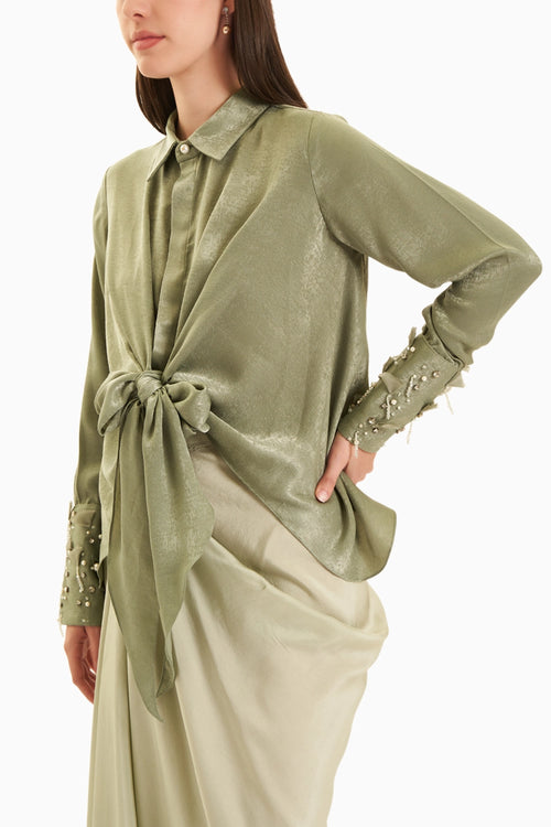 Green Embellished Tie-up Shirt