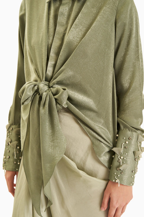 Green Tie-Up Shirt With Drape Skirt